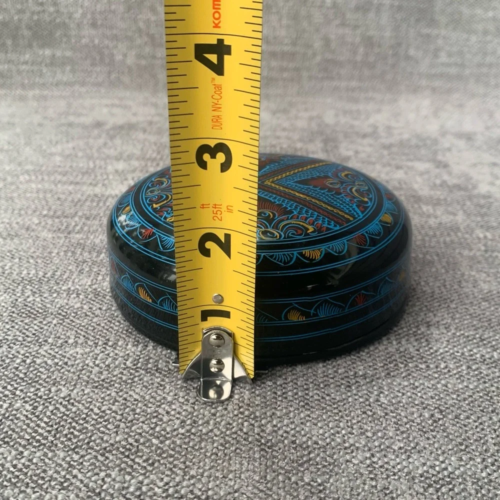 Vtg Paisley Circle Trinket Box Lacquer Kashmir Hand Painted Paper Mache Myanmar